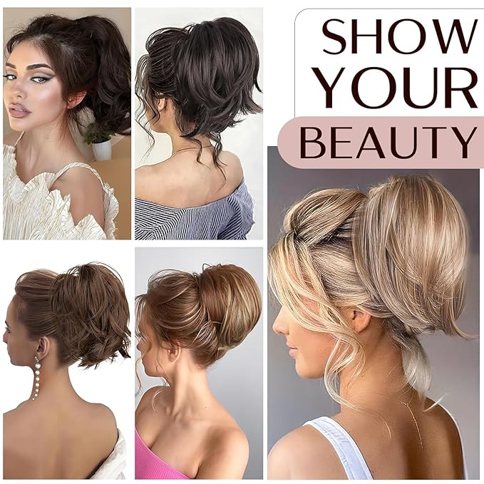 Claw Clip Short Ponytail Hair Extensions Messy Bun Hair Piece Pony Tails Hair Extensions with Bendable Metal Wire Hair Pieces DIY Style 12 Caramel Brown 8 Inch
