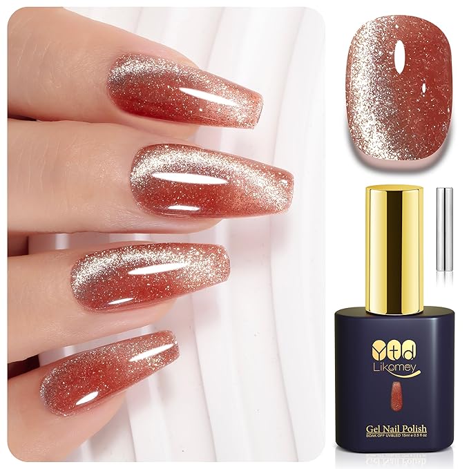 YTD Likomey Cat Eye Gel Nail Polish,Platinum Glitter 15ml Champagne Gold Magnetic Reflective Flash Sparkle Shiny Salon Home Fall Winter UV Color Varnish with Magnet Stick,HEMA Free TPO Free,MY512