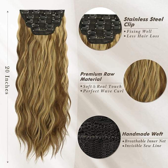 BARSDAR Highlight Clip in Hair Extensions - 20 Inch Wavy Clip in Hair Extensions for Women - 5PCs Thick Soft Synthetic Balayage Hairpieces Daily Party Halloween - Golden Brown with Highlights