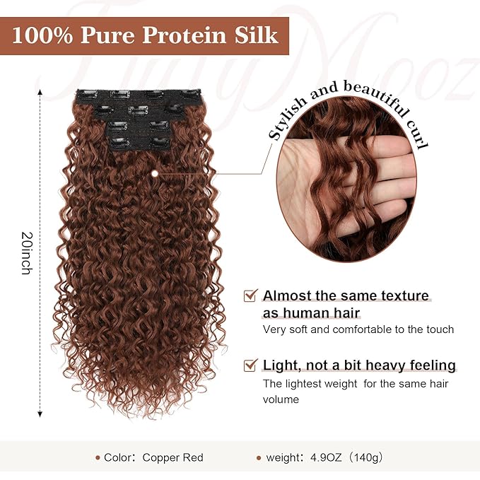 Clip in Hair Extensions, FLUFYMOOZ 4PC 100％ Pure Protein Silk Hair Extensions Long Soft Natural Hairpiece 20 Inch Curly Hair Extension for Women (Copper Red)