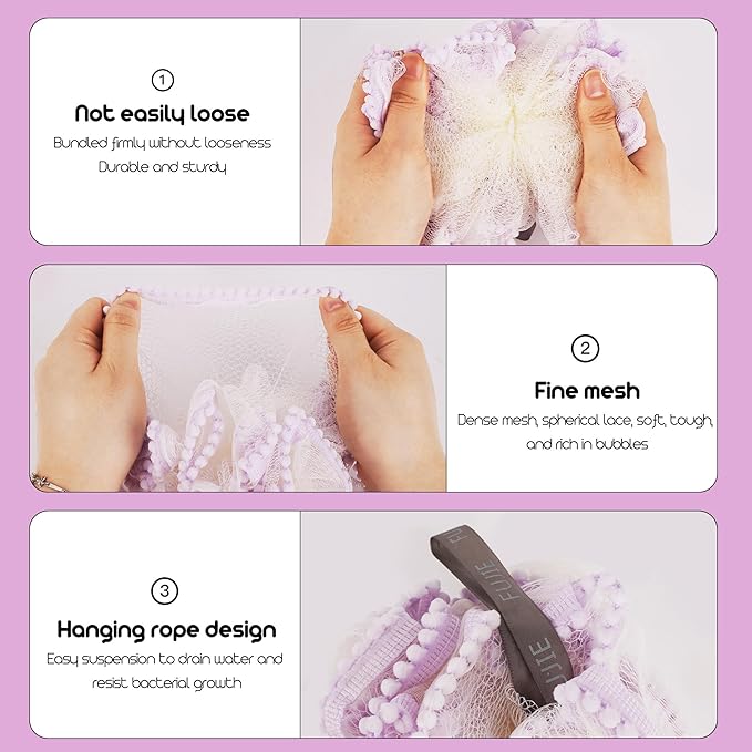 Loofah, Shower Bath Spong, Soft Shower Loofahs Balls, Globose lace Shower Ball, for Body Wash Scrubber Cleaning Loofah Bathroom Accessories (2Pcs) (Purple)