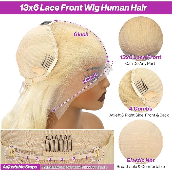 613 13x6 Lace Front Wig Human Hair Body Wave Blonde Wig Human Hair HD Transparent Lace Frontal Wigs for Women 200 Density Glueless Wigs Pre Plucked With Baby Hair 28 Inch