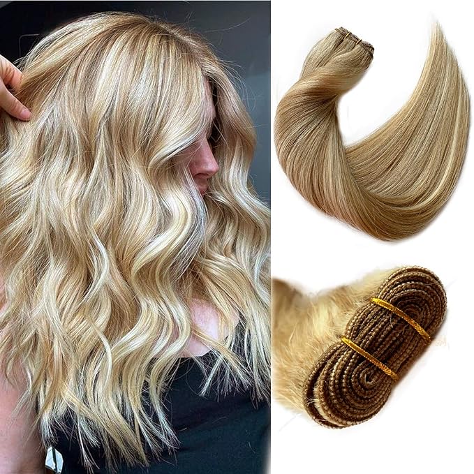 Sew in Hair Extensions Real Human Hair Wefts 22 Inch Hand Tied Weft Hair Extensions Beige Blonde and Platinum Highlights Weave Sew in Human Hair Bundles Double Weft 120grams