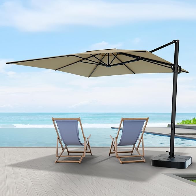 Midtown Umbrellas The Grande Square 9 x 9 FT Outdoor Cantilever Patio Umbrella w/Terylast Chestnut (Beige) Polyester Fabric - 8 Rib Frame Offset w/Tilt & 360° Rotate Pedal System - Black Frame