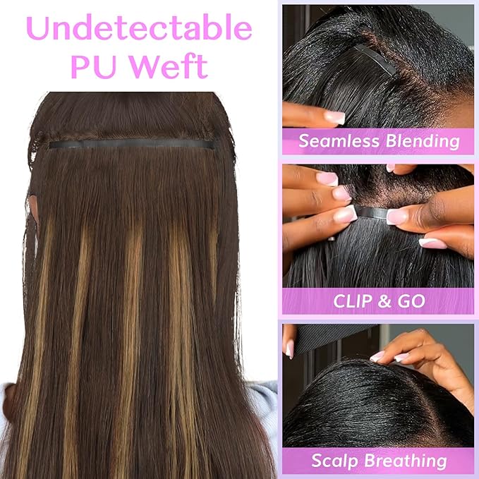 IDN BEAUTY Seamless Clip In Hair Extensions Human Hair 4/27/4 Balayage Chocolate Brown to Caramel Blonde Straight Seamless Clip Ins For Black Women PU Weft Invisible Edge 110g 22 Inch 7pcs