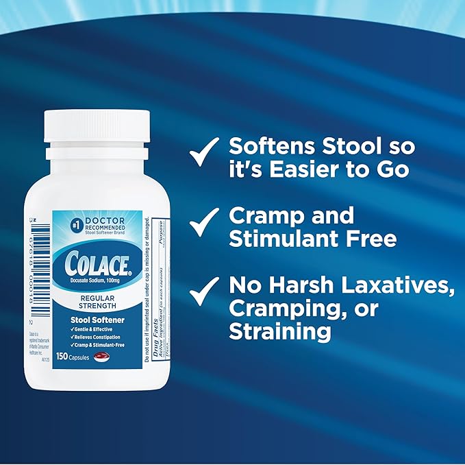 Colace Stool Softener 100 mg, 150 Capsules, Constipation Relief, Docusate Sodium, Gentle Docusate, Stimulant-Free, Regular Strength, #1 Doctor Recommended Stool Softener Brand
