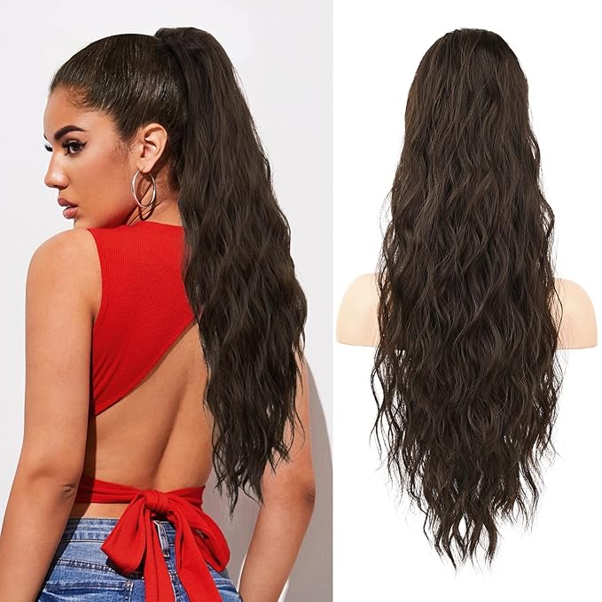 Flufymooz Ponytail Extension, 26 Inch Drawstring Ponytail Hair Extensions for Women， Long Curly Wavy Pony Tail Natural Wavy Synthetic Hairpiece for Women, Daily Use Party (Dark Chocolate Brown)