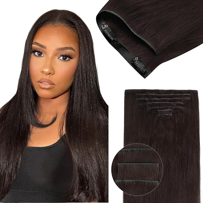 Lashey Invisi Edge Clip in Hair Extensions 18 Inch 110g 7pcs Injected Seamless PU Clip in Hair Extensions Virgin Human Hair, #2 Dark Brown Straight Hair