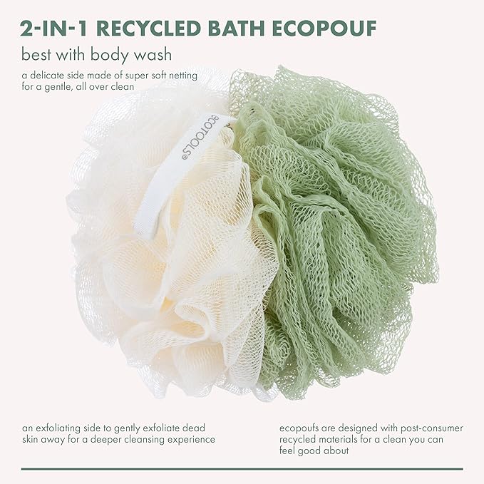 EcoTools Green 2-in-1 EcoPouf, Dual-Sided Shower Loofah Exfoliates & Cleanses Skin, Made of Recycled Netting, Removes Dead Skin, Eco-Friendly Bath Accessory, Cruelty-Free, 6 Count (60g)