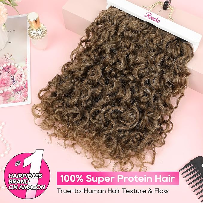 REECHO Curly Hair Extensions - 4PCS 14" GoGo Curly Clip in Hair Extensions 100% Super Protein Hairpieces with Invisible Lace Weft Silky Soft Natural Look for Women - Golden Walnut