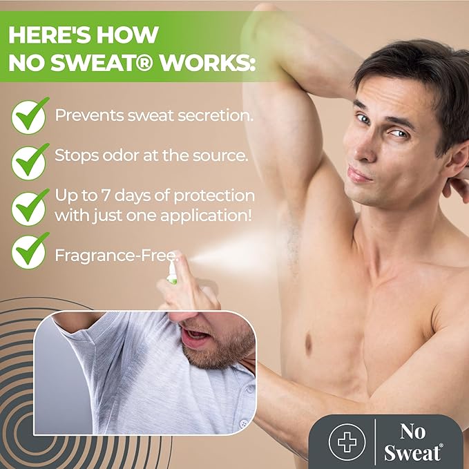 NO SWEAT Maximum Strength Antiperspirant Spray, Strong Deodorant for Excessive Sweating & Hyperhidrosis Treatment, Lasts up to 7 Days -50ml) Packing May Vary