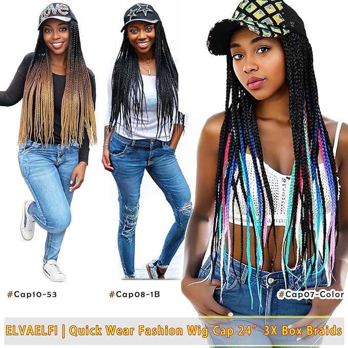 Cooling Mesh Baseball Cap Wig 24" Multi-colored Box Braid Hair Extensions, Long Braided Hair for Women Girls