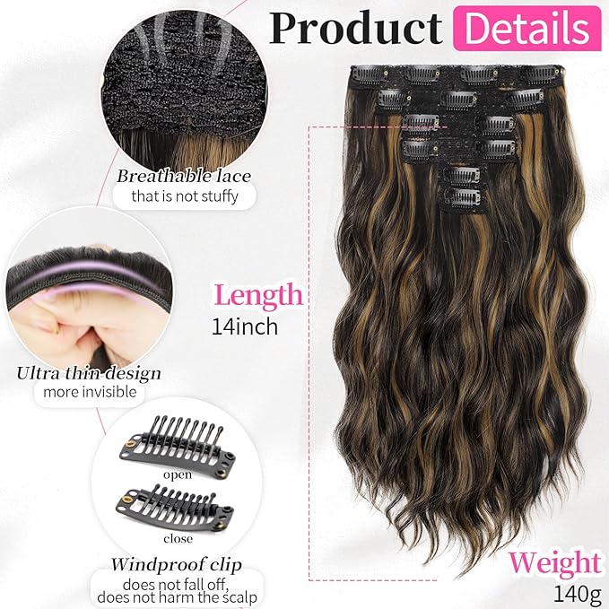 KooKaStyle Short Hair Extensions 6PCS 14 Inch Wavy Curly Hairpieces Synthetic Soft Lace Weft Clip in Hair Extensions-Balayage Dark Brown to Chestnut for Women