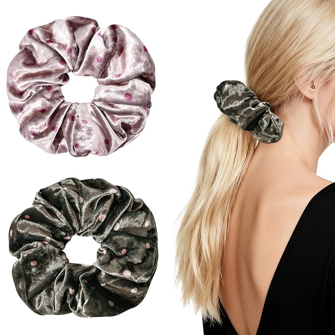 2-Piece Velvet Hair Scrunchies, Big Non Slip Polka Dot Hair Ties for Daily Styling, Parties & Workouts, No Damage Scrunchy Ponytail Holders Hair Accessories for Women & Girls (Pink & Coffee)
