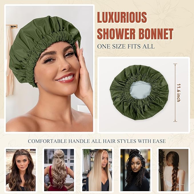 Reusable Shower Cap for Women, Stylish Large Waterproof Shower Bonnet Washable Wide Elastic Band Hair Cap for Long Hair, Braids Bath Hat(Army Green)