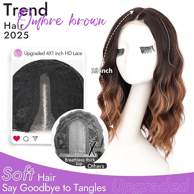 Ombre Brown with Highlights Short Wavy Wig for Women Lace Hairline Bob Style Synthetic Heat Resistant - Natural Appearance for Everyday Hairstyle 18 Inch