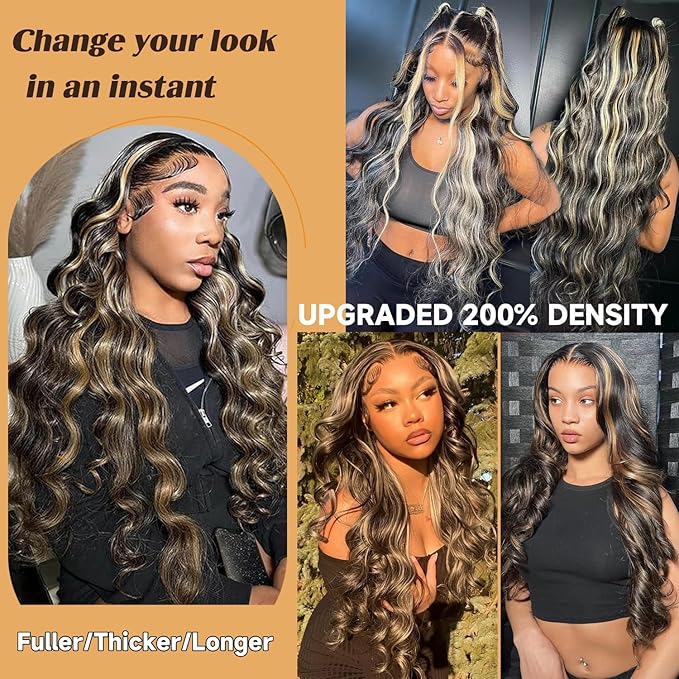 30 Inch Balayage 13x6 Ombre Lace Front Wig Human Hair Colored 1b/27 Honey Blonde Highlight Body Wave Lace Front Wigs Human Hair 200 Density HD Lace Frontal Wigs Pre Plucked Glueless Wigs for Women