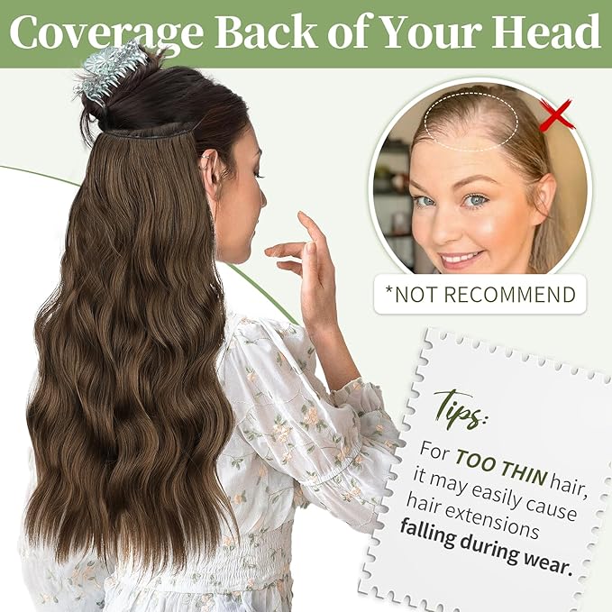 KooKaStyle Invisible Wire Hair Extensions with Transparent Wire Long Wavy Synthetic Hairpiece with 4 Secure Clips Adjustable Secret Headband for Women(20 Inch Chestnut Brown)