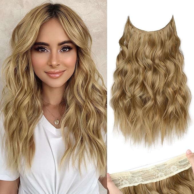 KooKaStyle Invisible Wire Hair Extensions with Transparent Headband Adjustable Size 4 Secure Clips Long Wavy Secret Wire Hairpiece 16 Inch 112#Honey Blonde for Women