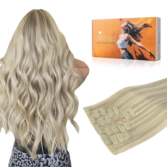 DOORES Seamless Clip-in Hair Extensions - Ash Blonde Highlighted Platinum Blonde, 110g, 7pcs, 18 Inch, Straight Invisi Edge