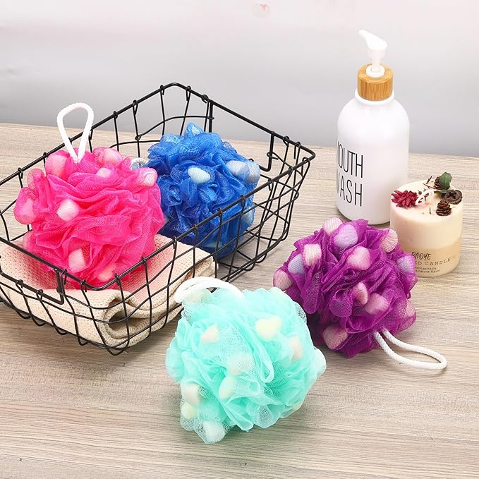 BTYMS Premium Mesh Poufs (65g/pcs) Bath Sponges Shower Loofahs Exfoliating Shower Puff - Great for Body Wash Pack of 4