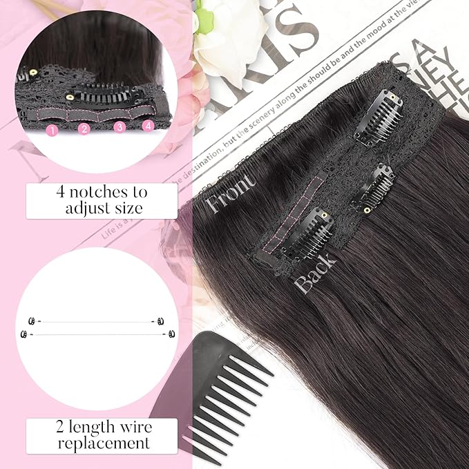 Invisible Wire Hair Extensions with Transparent Wire Adjustable Size 4 Secure Clips Long Wavy Secret Hairpiece 16 Inch for Women(Dark Brown)