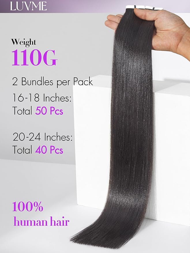 LUVME Tape in Hair Extensions Human Hair 18 Inch 110g 50pcs Yaki Straight Natural Black Seamless Invisible Double Sided Extensions