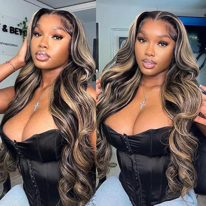 Ombre Glueless Wigs Human Hair Pre Plucked Pre Cut 5x5 Hd Lace Closure Wigs Human Hair 34 Inch 1B/27 Colored Highlight Body Wave Wigs 250% Density Glueless Wigs for Beginners