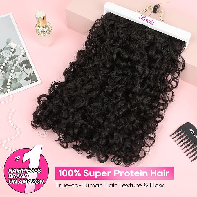 REECHO Curly Hair Extensions - 4PCS 14" GoGo Curly Clip in Hair Extensions 100% Super Protein Hairpieces with Invisible Lace Weft Silky Soft Natural Look for Women - Black Brown