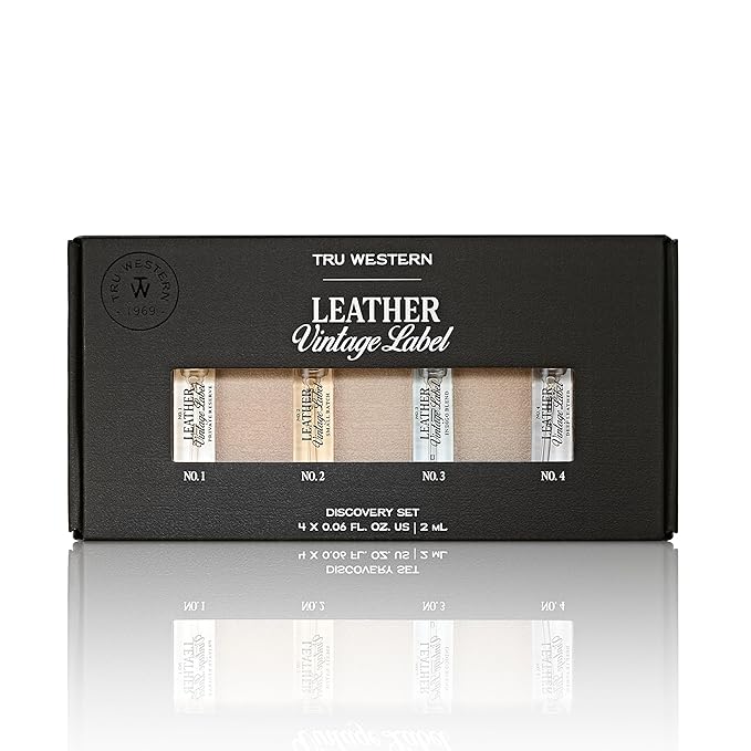 Leather Vintage Label Discovery Set by Tru Western, Set of 4, Including Leather No. 1, No. 2, No. 3, and No. 4, Masculine Fragrance Gift Set