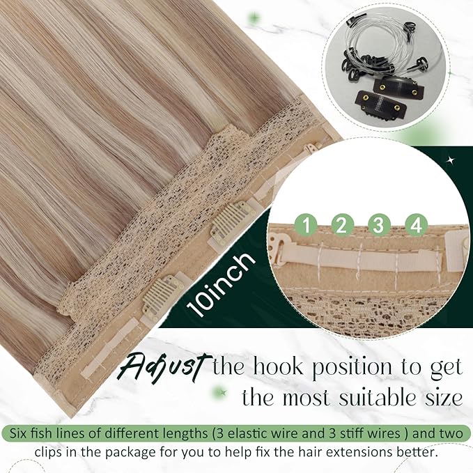 RUNATURE Wire Hair Extensions Real Human Hair, Balayage Invisible Fish Line Extensions, Straight Remy Natural Hair, Add Volume 14 Inch 70g #18/22/60 Ash Blonde to Light Blonde Mix Bleach Blonde