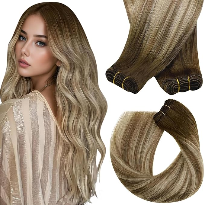 Sunny Hair 135g Sew in Hair Extensions Real Human Hair Balayage Hand Tied Weft Hair Extensions Brown Blonde Human Hair Weft Extensions Dark Brown Ombre Light Brown Mix Blonde Thick Hair 22inch
