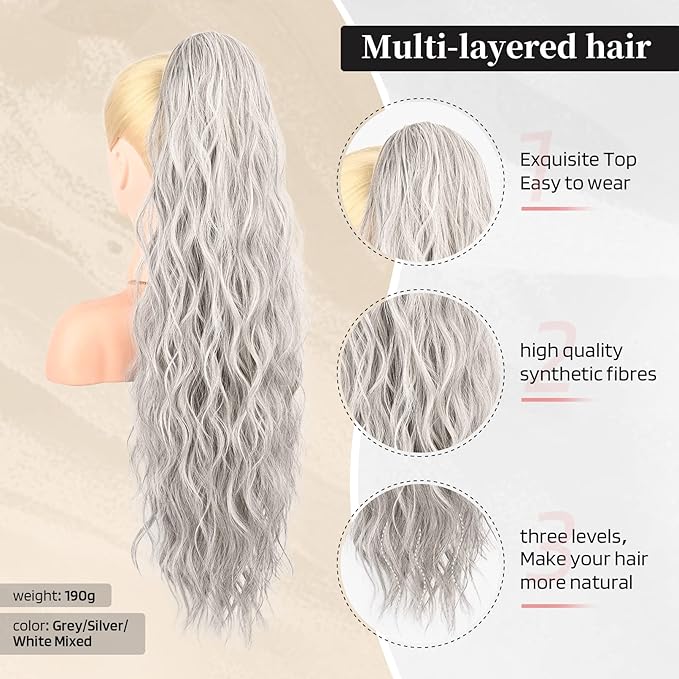 FLUFYMOOZ Ponytail Extension, 26 Inch Drawstring Ponytail Hair Extensions for Women， Long Curly Wavy Ponytail Natural Wavy Synthetic Hairpiece for Women (26 Inch Grey/Silver/White Mixed)