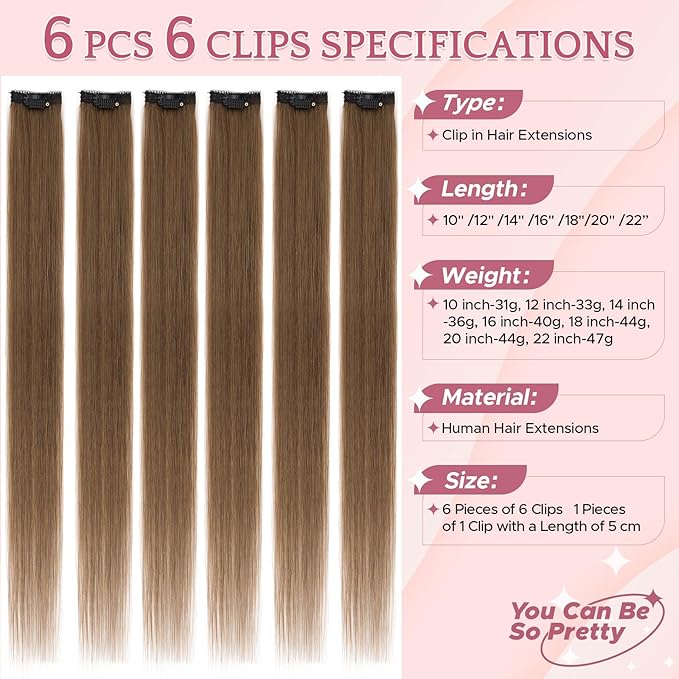 Clip in Hair Extensions Real Human Hair for Women, 22 Inch 47g 6pcs, Medium Brown, Straight - Highlight, Add Volume and Length for Daily Wear, Parties, Weddings