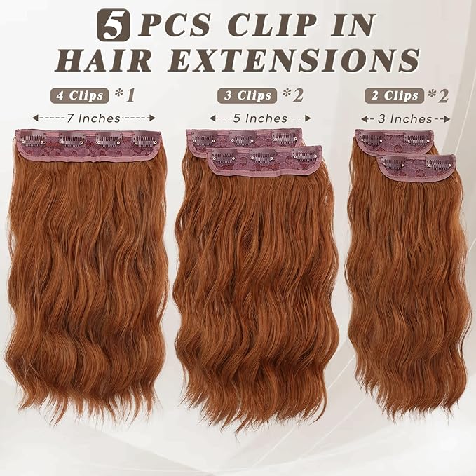 BARSDAR Short Wavy Clip in Hair Extensions - 14 Inch Copper Red Hair Extensions Clip in for Women - 5PCs Thick Soft Synthetic Loose Wave Clip in Copper Hairpieces – Copper Red
