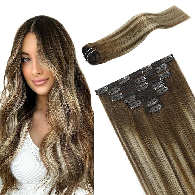 Clip in Hair Extensions Chestnut Brown Balayage to Platinum Blonde Mix Brown Real Human Hair Medium Brown Ombre Hair Extensions Remy Human Hair Clip in Extensions 20Inch 7Pcs 120g