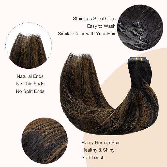 GOO GOO Clip in Hair Extensions Real Human Hair, Remy Human Hair Extensions Clip ins for Women, Natural Human Hair, 22inch 110g 7Pcs, 1B/6/1B Balayage Natural Black to Chestnut Brown