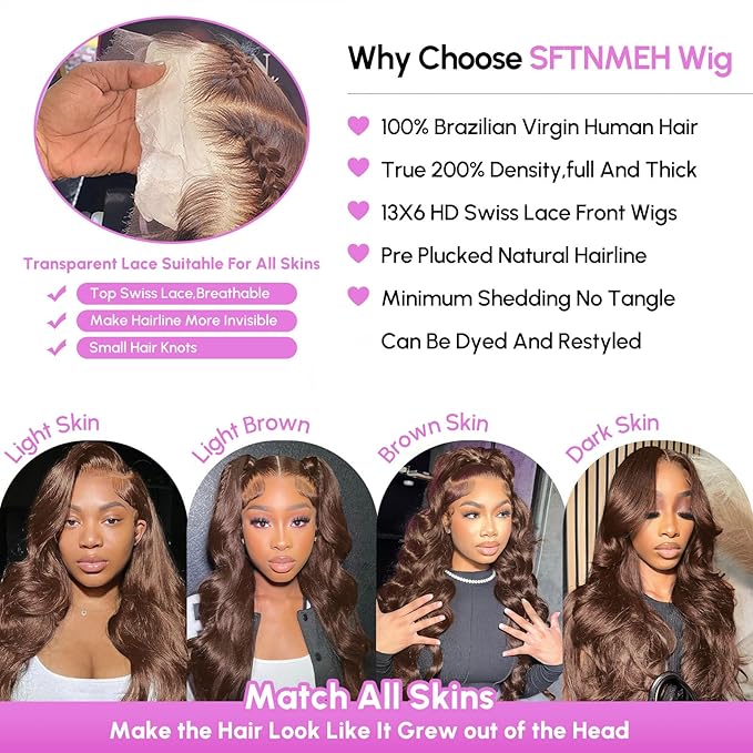 26 Inch Chocolate Brown Body Wave Lace Front Wigs Human Hair 200 Density 13x6 HD Lace Frontal Wigs Human Hair Brown Glueless Wig For Women Pre Plucked with Natural Hairline