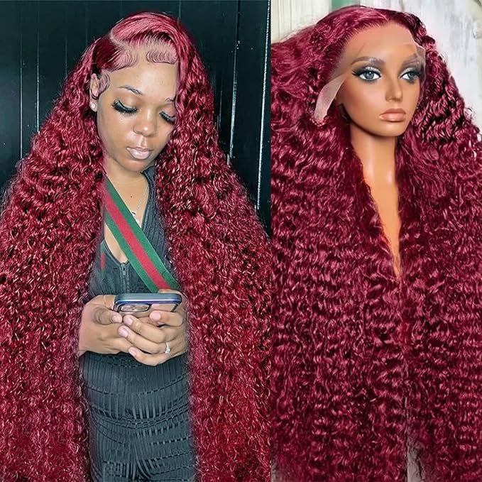 Burgundy Wig Human Hair 99j Burgundy 13x6 Deep Wave Lace Front Wigs Human Hair Pre Plucked 180% Density HD Transparent Lace Frontal Wigs for Black Women Red Colored Wig 40 Inch