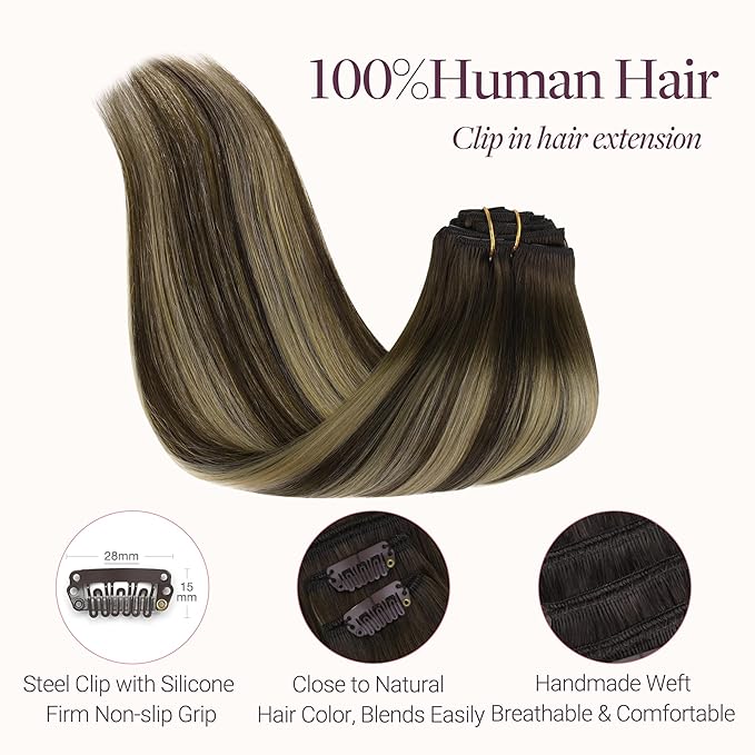 GOO GOO Clip in Hair Extensions Real Human Hair, Remy Human Hair Extensions Clip ins for Women, Natural Human Hair, 24inch 150g 9Pcs, #4/26/4 Balayage Chocolate Brown to Honey Blonde