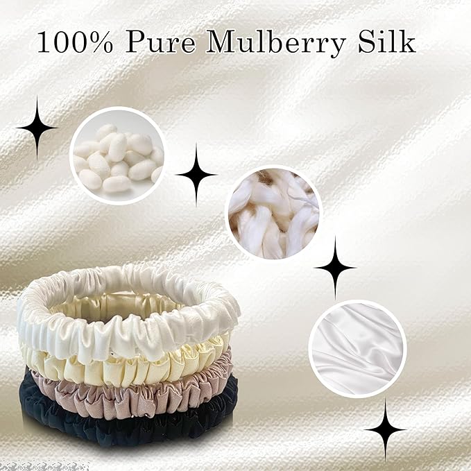 Mulberry Silk Hair Scrunchies for Women – 8 Pack Silk Hair Ties Set, Skinny Hair Sleep Scrunchies No Damage, Gentle on Curly & Thin Hair