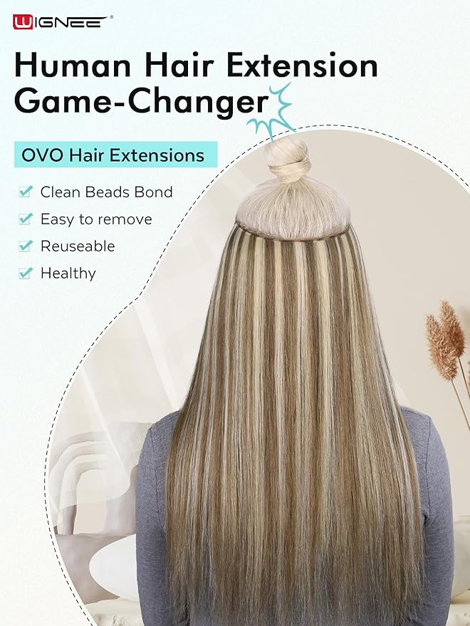 WIGNEE 22 Inch OVO Hand-Tied Weft Double Layered Real Remy Human Hair Blonde Ombre Seamless Glueless Extensions with Micro Beads Luxury Match for Blended Blonde Highlights Hair Extensions (9A/60)