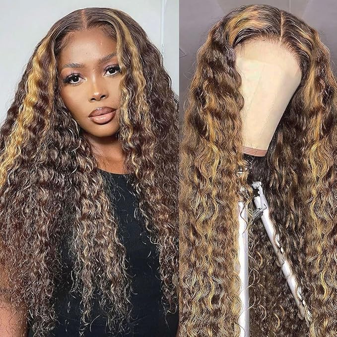 30 Inch Highlight Ombre Lace Front Wig Human Hair 13x6 Honey Blonde 4/27 Deep Wave HD Lace Frontal Wigs Glueless Wigs Human Hair