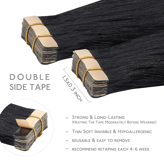 WENNALIFE Tape in Hair Extensions Human Hair, 20pcs 50g 18 inch Jet Black Remy Hair Extensions Straight Human Hair Tape in Extensions Skin Weft Tape Extensions Human Hair