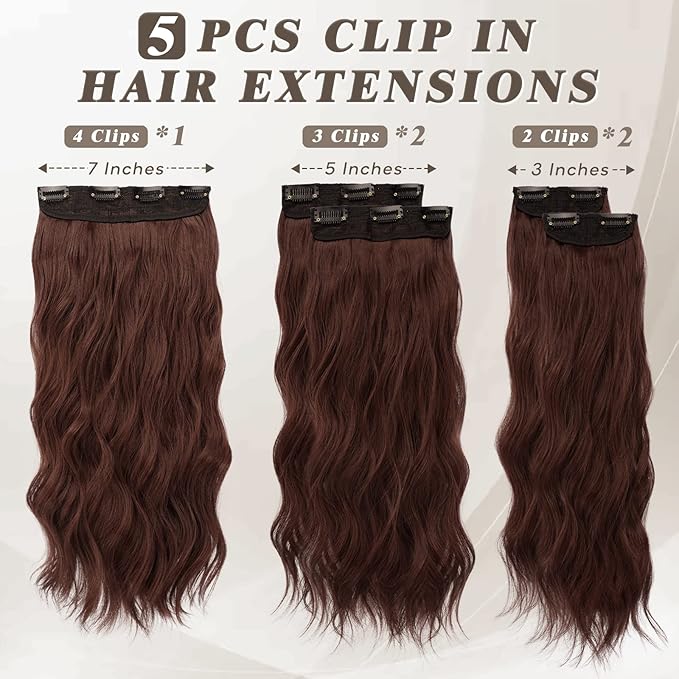 BARSDAR Chestnut Clip in Hair Extensions - 5PCs 18 Inch Wavy Clip in Hair Extensions for Women - Thick Soft Synthetic Clips in Hairpieces Daily Party Halloween- Copper Chestnut