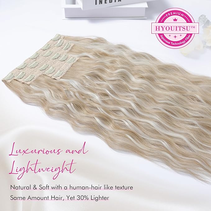 REECHO Clip in Hair Extensions, 5PCS Ash Blonde Hair Extensions 24" Thick Long Loose Waves hair extensions HE002 Invisible Lace Weft Natural Soft Hairpieces for Women – Ash Blonde with Highlights