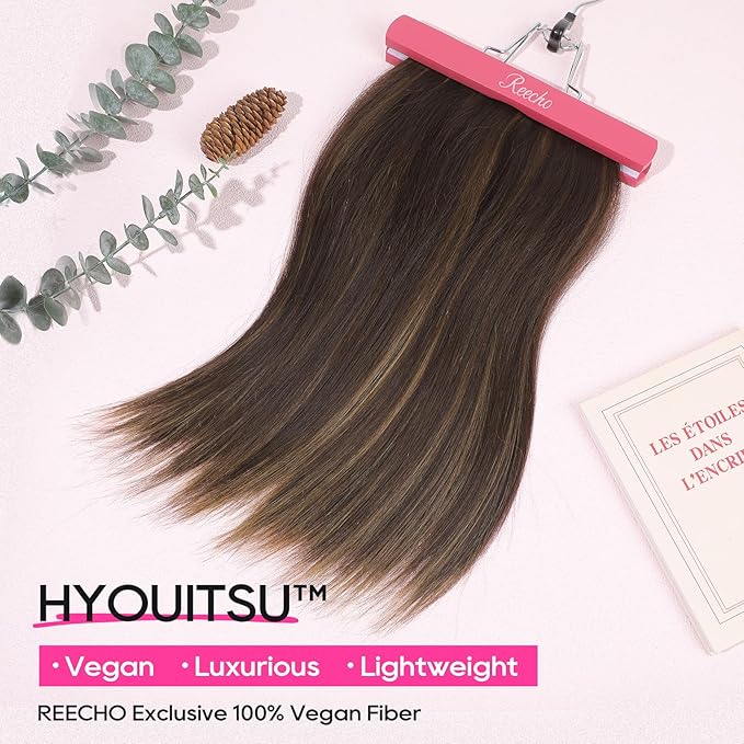 REECHO 16" Invisible Wire Hair Extensions with Thinner Softer Lace Weft Adjustable Size Removable Secure Clips in Short Straight Secret Hairpiece for Women - Dark Brown with Highlights