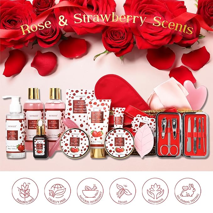 Red Gift Basket, Gift For Women, Gifts For Women Luxury Rose&Strawberry Spa Gift Set, Christmas 23PCS Gift Baskets ,Valentines Day Mothers Day Christmas Day Gift