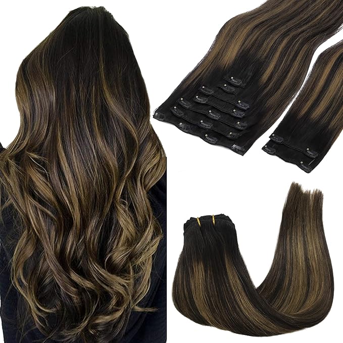 GOO GOO Clip in Hair Extensions Real Human Hair, Remy Human Hair Extensions Clip ins for Women, Natural Human Hair, 18inch 150g 9Pcs, 1B/6/1B Balayage Natural Black to Chestnut Brown