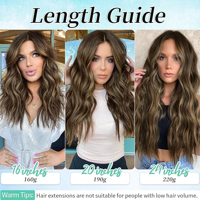 KooKaStyle Clip in Synthetic Highlight Hair Extensions Long Wavy 4PCS Thick Hairpieces Balayage Chocolate Brown to Caramel Blonde Fiber Double Weft Natural Hair Extensions 20 Inch for Women